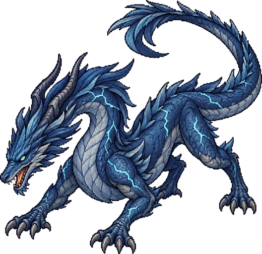 Stormscar, a stripped blue wyrm crackling with lightning